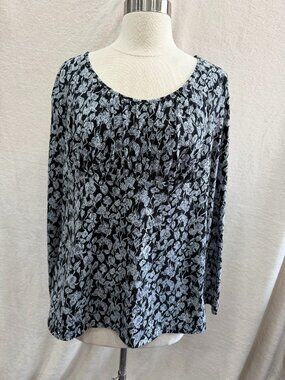 LOFT Floral Top XL Black White Long Sleeve Blouse Stretch Cotton Boho Casual